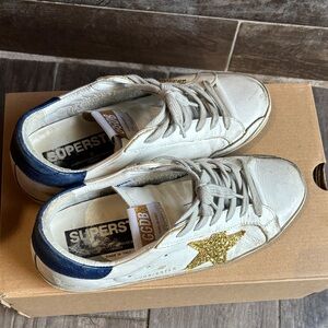 Golden Goose White Sneakers with Gold Star and Blue Heel